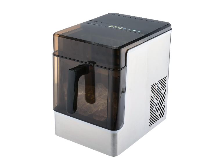 Machine à glaçons portable avec couvercle transparent foncé et base argentée, remplie de glaçons.