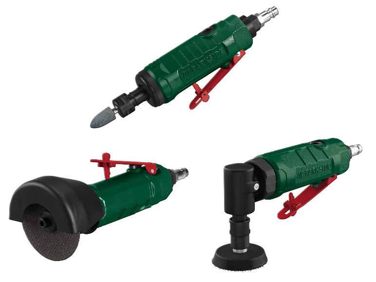 Outils pneumatiques Parkside : meuleuse droite, meuleuse d'angle et ponceuse.