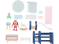Ensemble d'accessoires pour maison de poupée, comprenant meubles, poupées et textiles.