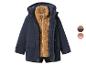 Parka bleu foncé à capuche avec doublure en peluche marron.