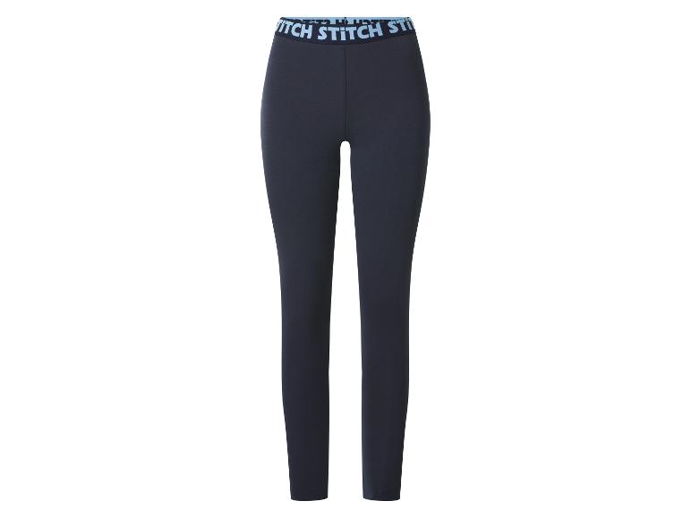 Legging bleu foncé avec ceinture élastique bleu clair portant le texte 'STITCH'.