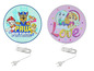 Deux lampes de nuit rondes Paw Patrol, l'une avec le logo Paw Patrol et l'autre avec l'inscription « love » et des cœurs.