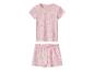 Pyjama rose pour enfant avec t-shirt à manches courtes et short, motif fleurs et cœurs.