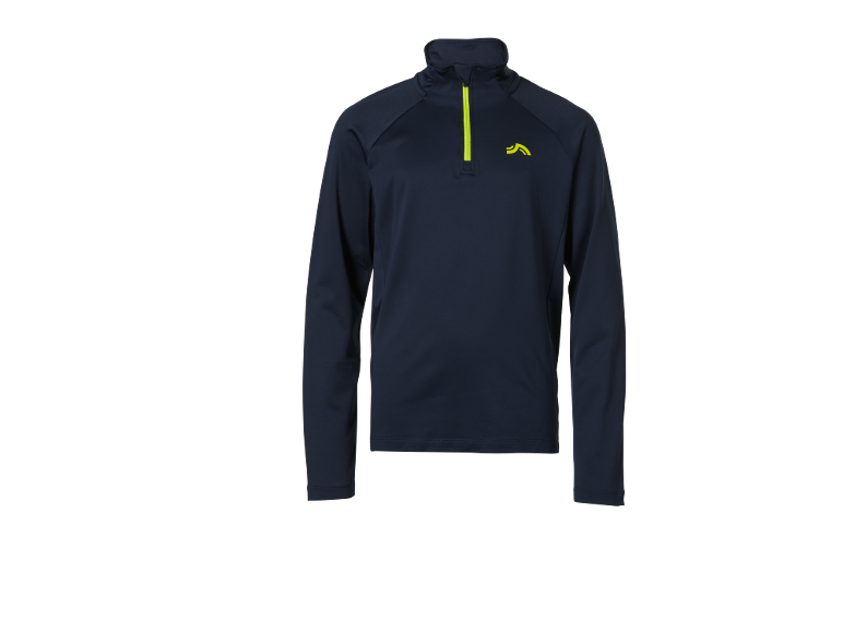 Haut de sport bleu marine à manches longues avec demi-zip et logo jaune fluo.