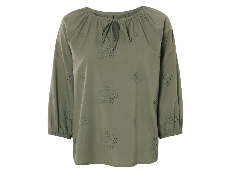 Chemisier vert olive à manches 3/4, broderie anglaise, style bohème.