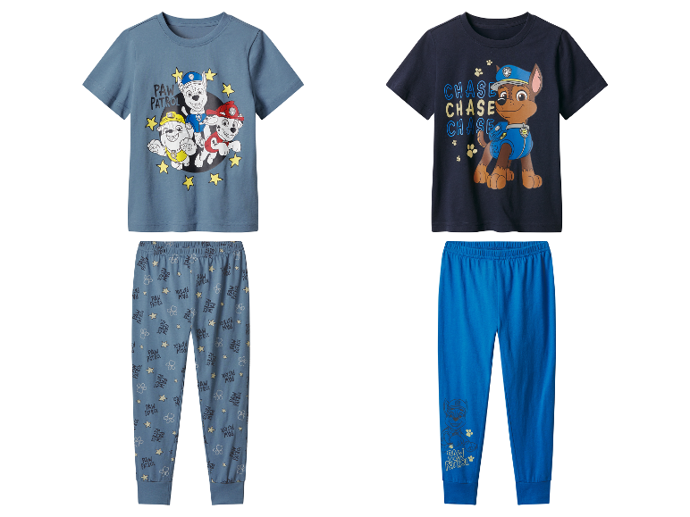 Pyjamas Paw Patrol pour garçon : t-shirt bleu et pantalon gris, t-shirt bleu marine et pantalon bleu.