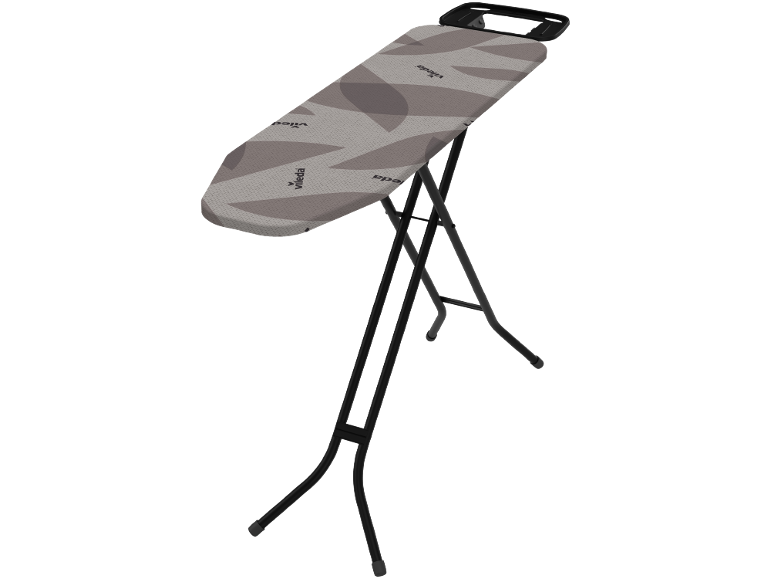 Table à repasser pliable avec housse à motifs gris et pieds noirs.