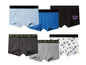 Un ensemble de six boxershorts dans différentes couleurs et motifs, dont un rayé, un avec l'inscription 'Keep it real' et un avec un imprimé graffiti.