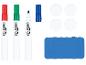 Marqueurs de tableau blanc rouges, verts et bleus avec effaceur et aimants.