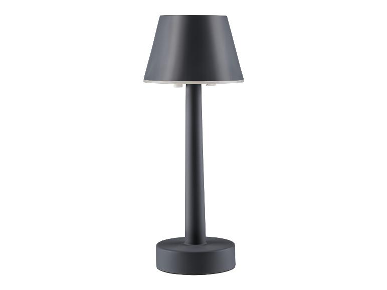 Une lampe de table grise avec un pied cylindrique et un abat-jour rond.