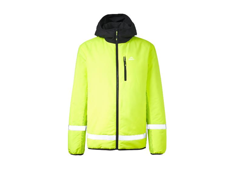 Veste de sport jaune fluo avec capuche noire et détails réfléchissants.
