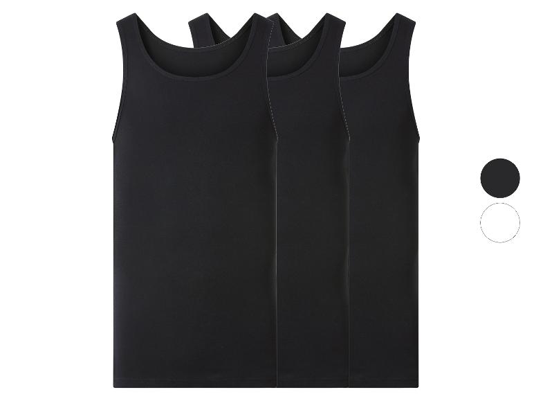 Lot de trois débardeurs noirs pour hommes, avec options de couleur noire et blanche.