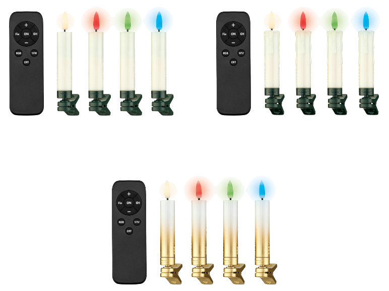 Bougies LED avec télécommande, disponibles en vert foncé et or, avec des flammes colorées.
