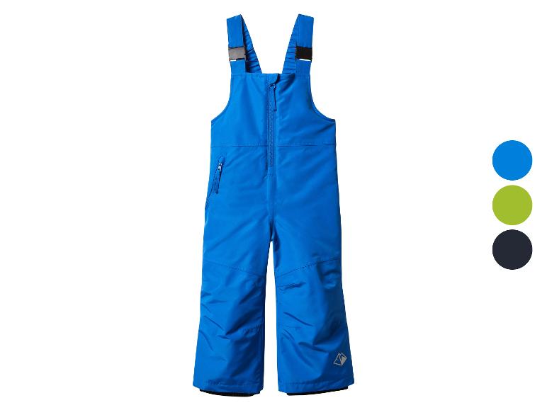 Salopette de neige bleue pour enfants avec bretelles réglables et petit logo.