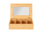 Une boîte en bois avec un couvercle miroir et des compartiments pour ranger du thé.