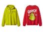 Deux sweats sur le thème du Grinch : un vert lime à capuche et un rouge sans capuche.