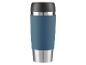 Gobelet isotherme en acier inoxydable avec manchon en silicone bleu.