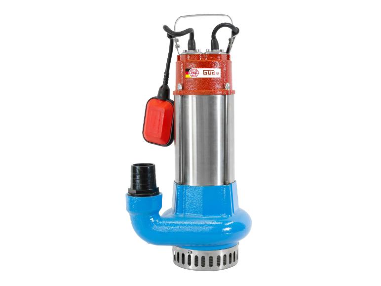 Pompe submersible rouge et bleue avec un tuyau noir et un flotteur rouge.