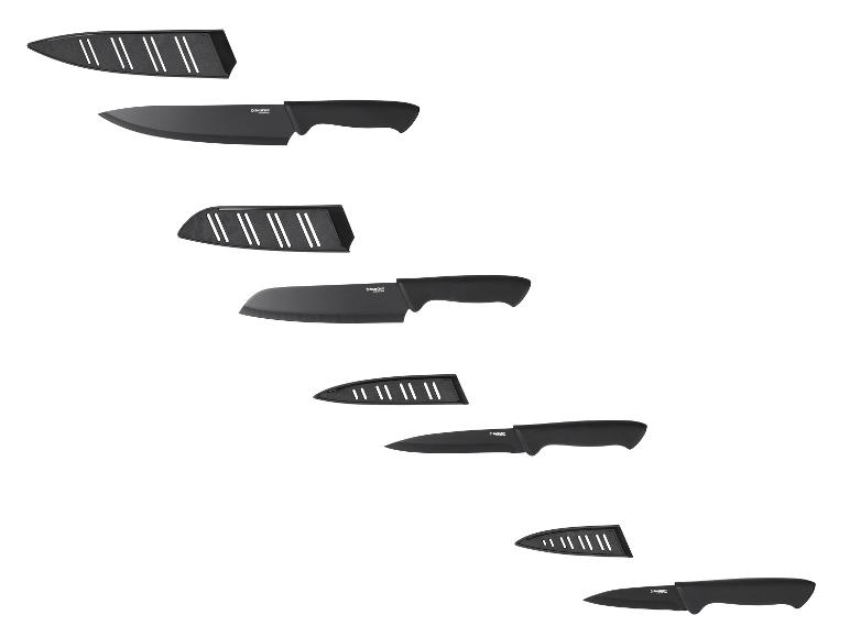 Couteaux de cuisine noirs avec étuis de protection, incluant un couteau de chef, santoku et couteau utilitaire.
