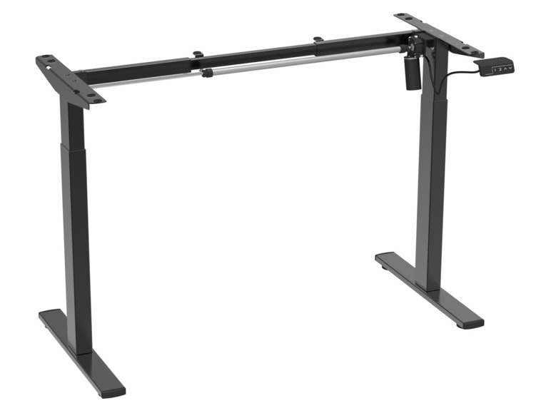 Structure de bureau électrique réglable en hauteur, noire, avec panneau de commande.