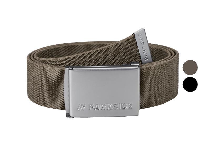 Ceinture Parkside kaki avec boucle argentée et logo, avec échantillons de couleur.