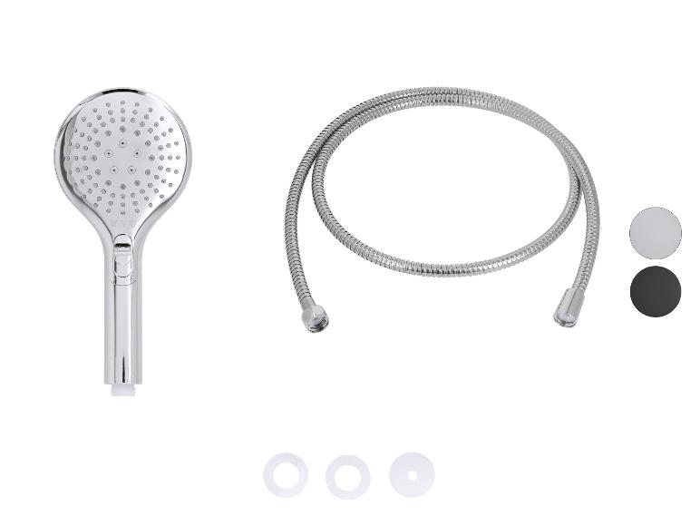 Pommeau de douche chromé avec flexible, deux échantillons de couleur et trois joints blancs.