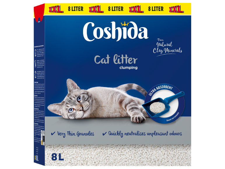 Emballage de litière pour chat avec un chat, une pelle et du texte sur ses caractéristiques.