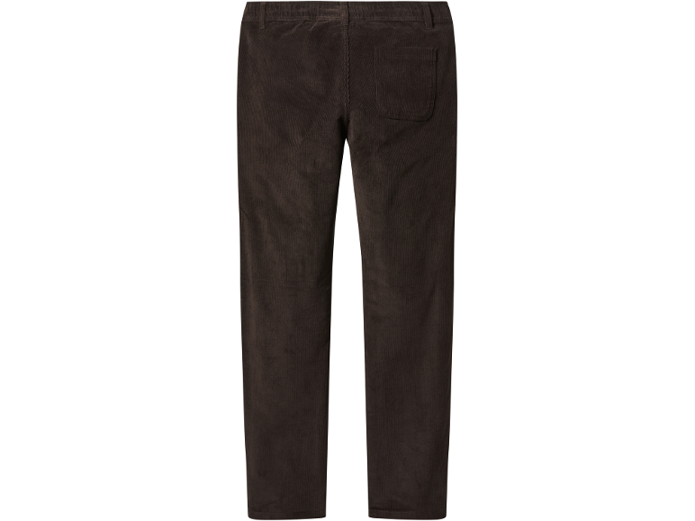Pantalon en velours côtelé marron foncé avec une poche arrière, vu de dos.