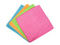 Quatre chiffons en microfibre de couleurs : rose, vert, orange et bleu.