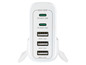 Chargeur blanc avec trois ports USB-C et deux ports USB.