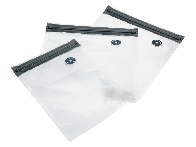 Trois sacs sous vide transparents avec valves d'air et fermetures éclair