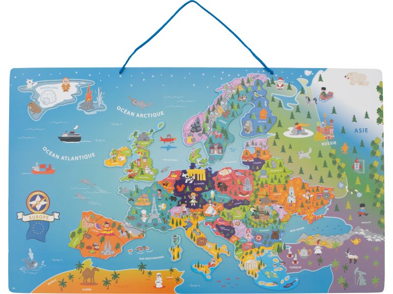 Carte-puzzle en bois pour enfants de l'Europe avec animaux et monuments.