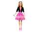 Poupée blonde en robe rose, veste noire et bottes roses, tenant des lunettes de soleil.