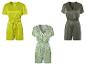 Combinaisons courtes : vert lime uni, vert olive uni et imprimé géométrique vert.