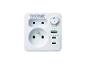 Adaptateur secteur blanc avec deux prises, un interrupteur et trois ports de charge USB.