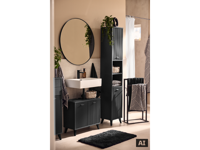 Ensemble de meubles de salle de bain moderne gris foncé avec miroir rond et accessoires