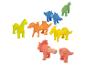 Dinosaures jouets colorés et assemblables dans les tons jaune, orange, bleu et vert.