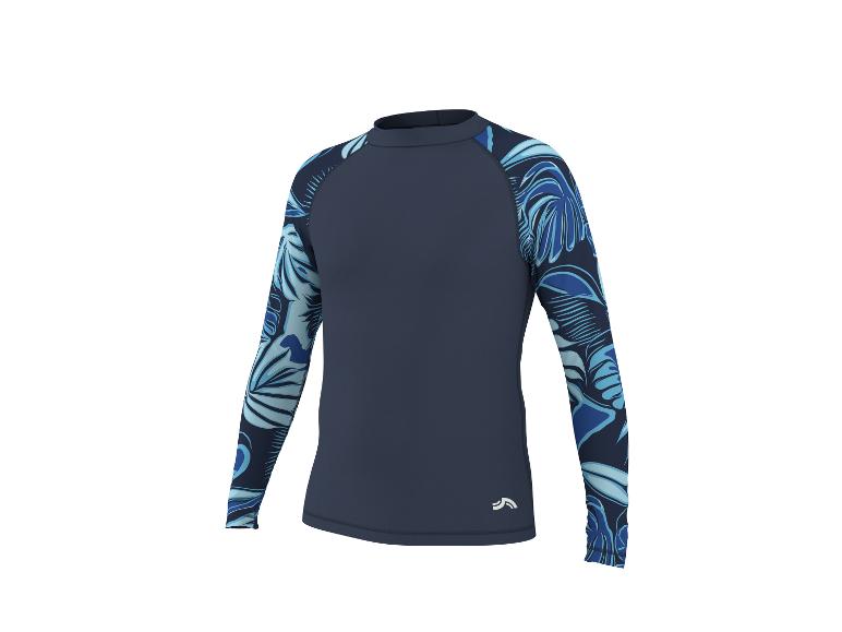 Haut à manches longues bleu marine avec motif de feuilles bleues sur les manches.