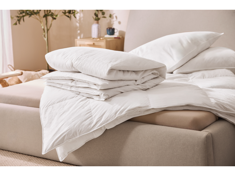 Couette et oreillers blancs sur un lit dans une chambre lumineuse.