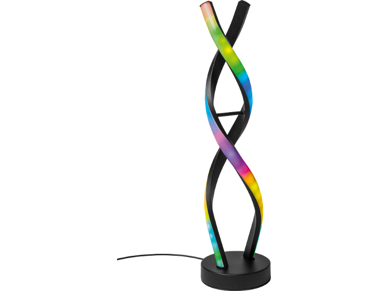 Lampe de table LED en forme de double spirale avec lumière multicolore.