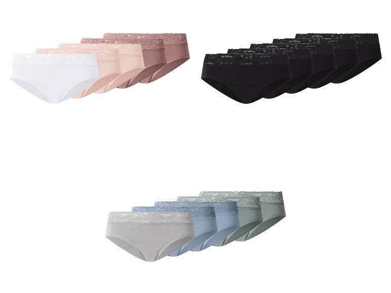 Lot de six culottes femme en dentelle, en blanc, beige, noir, gris, bleu et vert.