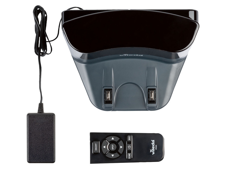 Aspirateur robot Vileda avec chargeur, télécommande et accessoires.