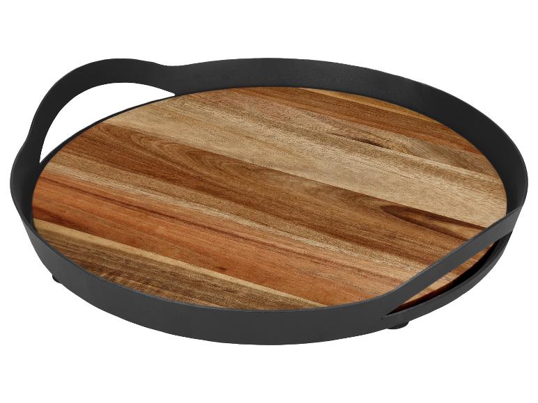 Plateau de service rond avec cadre en métal noir et base en bois