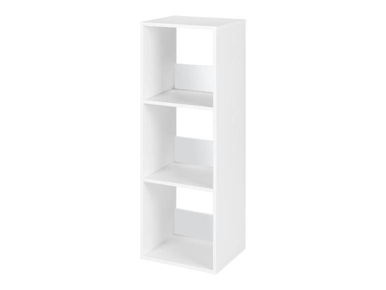 Étagère blanche à trois compartiments, verticale et moderne.