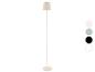 Lampadaire moderne avec abat-jour en tissu, disponible en plusieurs couleurs.