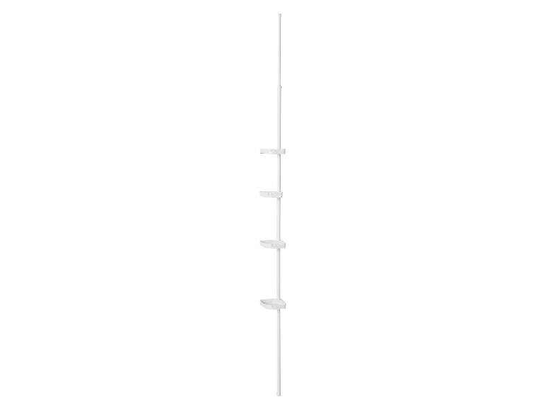 Étagère de douche télescopique blanche avec quatre paniers de rangement triangulaires.