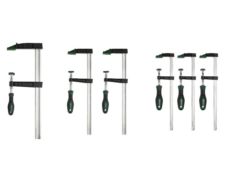 Lot de 6 serre-joints de différentes tailles avec poignées vertes et noires.