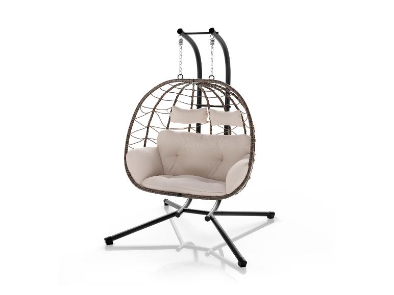 Fauteuil suspendu œuf avec coussins beiges et base en métal noir