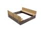 Bac à sable en bois avec bancs intégrés, gris et bois naturel.