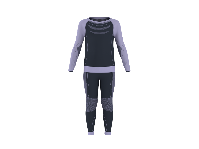 Ensemble de sous-vêtements thermiques gris foncé et violet clair avec détails texturés.